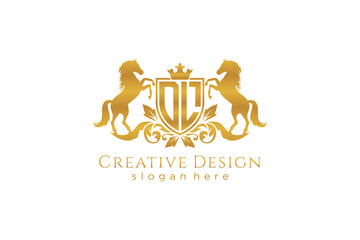 initial DL Retro golden crest with shield and two horses, badge template with scrolls and royal crown - perfect for luxurious branding projects