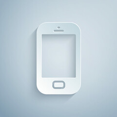 Sticker - Paper cut Smartphone, mobile phone icon isolated on grey background. Paper art style. Vector