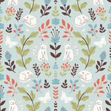 Fototapeta Kwiaty - Cute seamless floral pattern with cats and plants