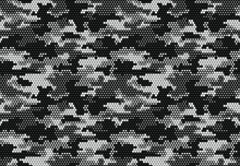 Seamless Camouflage Pattern. Repeating Digital Dotted Hexagonal Camo Military Texture Background. Abstract Modern Fabric Textile Ornament. Vector Illustration.