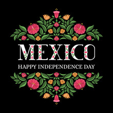 Mexico Independence Day, 16 September, Illustration Vector. Traditional Floral Oaxaca Embroidery Ornament Pattern Frame. Background Design For Mexican Fiesta Banner, Carnival Party Invitation.