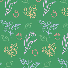Pattern Flowers And Berries On Tne Green Base. Vector Illustration. Nature Theme