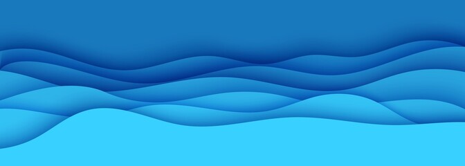 Wall Mural - Wavy border in paper cut style. 3d abstract background with cut out deep waves modern cover. Blue color layers with smooth shadow papercut art. Vector card illustration origami environment template.