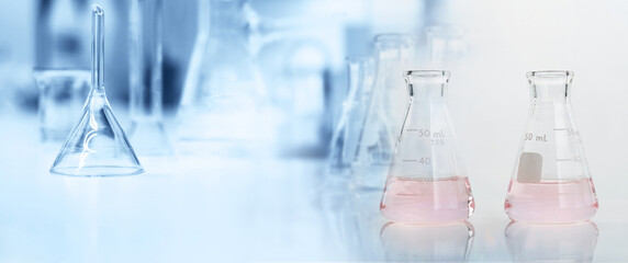 Wall Mural - pink solution in glass flask in chemistry science research lab white blue banner background