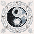 Vector yin yang symbol with sun, moon, stars, sea waves and magic signs, written in a circle. Hand-drawn sun and moon with human face. Sign of harmony, balance, feng shui, zen, yoga, day and night