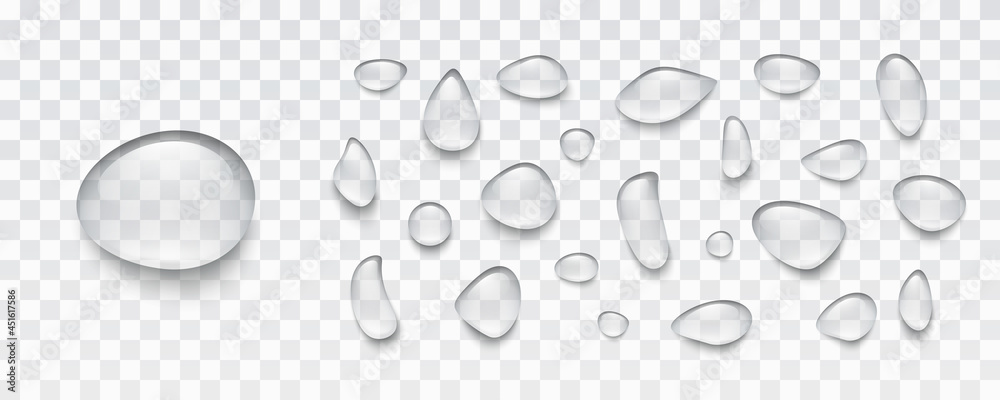 Water rain drop set isolated on transparent background. Realistic condense droplets collection. Vector clear bubbles, gel elements or dew templates - obrazy, fototapety, plakaty 
