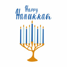Happy Hanukkah Greeting Card With Inscription And Menorah Looks Like Tree, Candlestick With Burning Candles, Hanukkah Celebration, Candelabrum, Traditional Israel Decoration, Vector Illustration