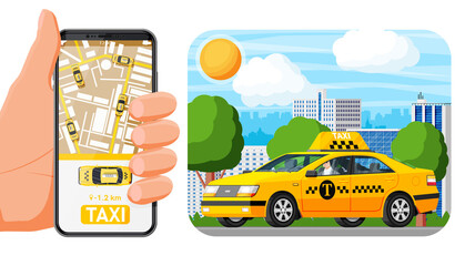 Poster - Taxi App or Service. Yellow Car and Smartphone