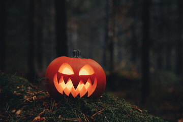 Glooming halloween pumpkin in a dark forest with dramatic lighting. Jack O' Lantern. Halloween theme.