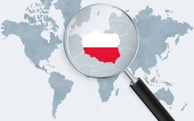 Sticker - World map with a magnifying glass pointing at Poland. Map of Poland with the flag in the loop.