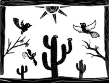 Birds Flying Over Cacti. Woodcut-style Illustration