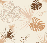 Delicate seamless pattern in beige shades with palm branches and monstera leaves in boho style in vector for textiles and surface design