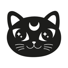 Cute cat face with moon sign. Kitty head silhouette. Vector black and white illustration