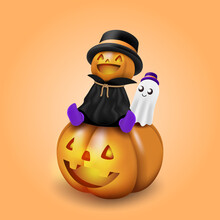A Cute Little Pumpkin Head Halloween Mascot Sits And Smile On A Huge Carved Pumpkin With A Happy White Spirited Spirit Floats Beside It.