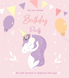 Fototapeta Dinusie - Birthday party invitation card template with a beautiful unicorn and pink background. 