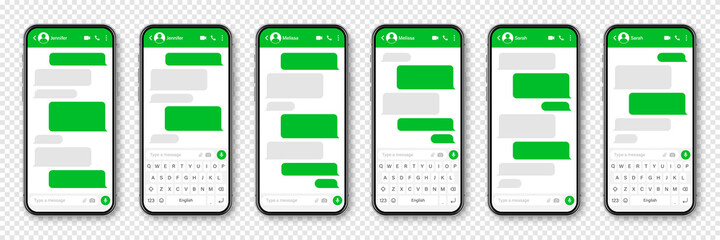 Realistic smartphone with messaging app. Blank SMS text frame. Conversation chat screen with green message bubbles. Social media application. Vector illustration.