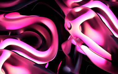 3d render of abstract art of surreal 3d background in curve wavy round and spherical lines forms in transparent plastic material with glowing purple and pink color core on black background