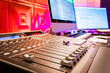© princeoflove - close up audio mixing console fader in home recording studio. music background. recording and broadcasting concept