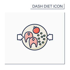 Healthy food color icon. Curried cod. Salmon with tomato on plate. Balanced nutrition . Small portion. Dash diet concept. Isolated vector illustration