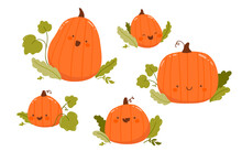 Vector Autumn Set Of Pumpkins With Leaves. Cute Happy Characters Isolated On White Background