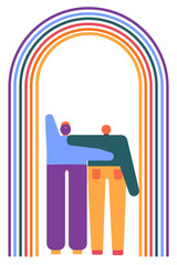 Gay couple, friends under a rainbow gate. Concept illustration on love, celebration, affection, support and family. Colorful vector piece on white isolated background