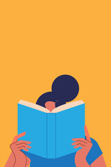 Wall Mural - Woman reading a book. Concept on education, self-directed learning. Colorful, flat vector illustration on yellow background. Character design, vertical layout