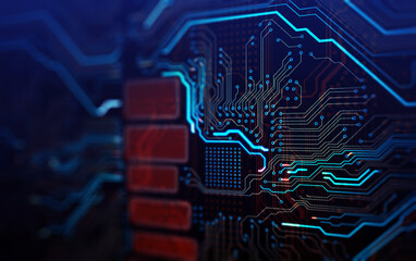 Aufkleber - Printed circuit board futuristic server/The mother server is processing the data, Circuit board futuristic server code processing. Orange, red, blue technology background with bokeh. 3d illustration