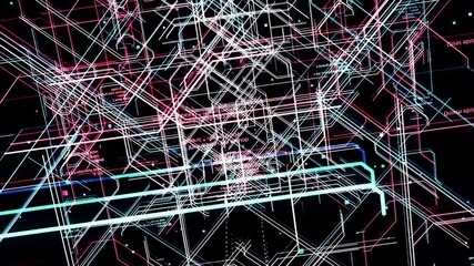 Poster - Cyber space concept with program code lines are written by artificial intelligence. Animation. Futuristic texture with abstract data motion, seamless loop.
