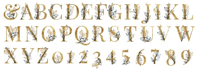 Gold black floral alphabet, golden foil monogram letters with black watercolor leaves and twigs