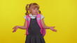 © Andrii Iemelianenko - I dont know what to say. Confused schoolgirl with backpack feeling embarrassed about ambiguous question, having doubts, no idea, being clueless and uncertain. Yellow wall background. Back to school