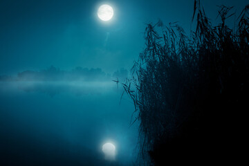 Wall Mural - Night mystical scenery. Full moon over the foggy river and its reflection in the still water, frosty reeds on the bank on the foreground.