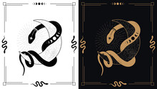 Magic Snake Wraps Around Crescent. Mystical Illustration In A Trendy Style In 2 Various. 