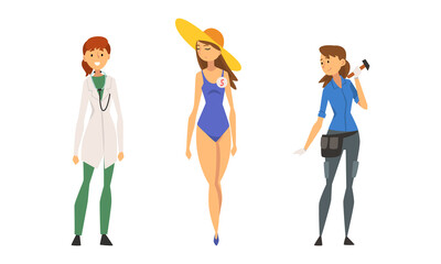 Sticker - Woman Engaged in Different Profession as Gender or Sexual Equality Vector Set