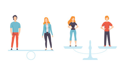 Sticker - Man and Woman on Scales as Gender Equity Vector Set