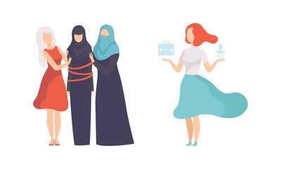 Sticker - Muslim Woman Tied with Rope Having Support and Choosing Between Career and Parenting as Gender Equity Vector Set