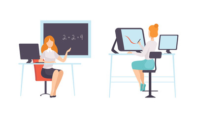 Sticker - Work and Career with Woman Math Teaching and Drawing in Graphic Editor Vector Set