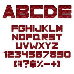 Aufkleber - Alphabet, letters, numbers and signs with red leather upholstery texture. Color isolated vector objects on a white background.