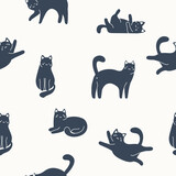 Fototapeta Koty - Seamless pattern with cats in different poses. Creative kids texture for fabric, wrapping, textile, wallpaper, apparel. Vector illustration.