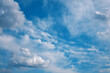 Blue sky and white fluffy clouds. Natural cloudscape background.