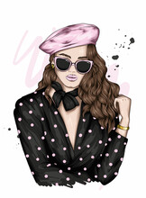 Pretty Girl In A Clothes And Beret. Vector Illustration. Fashion And Style, Clothing And Accessories. 