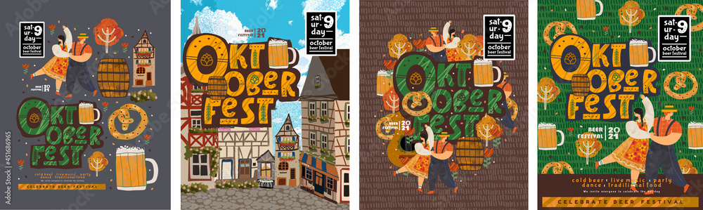 Oktoberfest. Beer festival. Vector illustration of a German street, mugs of beer, dancing people, bagels. Drawings for poster, flyer or invitation - obrazy, fototapety, plakaty 
