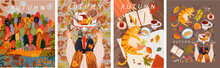 Autumn. Vector Illustration Of A Cozy Table With A Cat, Autumn Forest And Trees And A Woman On A Bicycle With Leaves. Drawings For Poster, Card Or Background