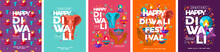 Happy Diwali. Indian Festival Of Lights. Vector Abstract Flat Illustration For The Holiday, Lights, Elephant And Other Objects For Background Or Poster.
