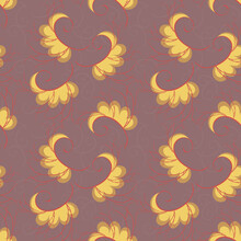 Vector Illustration. Seamless Pattern With Abstract Yellow Leaves On Violet Background. Fashionable Design Suitable For Textile Prints, Banners, Wallpapers, Packaging