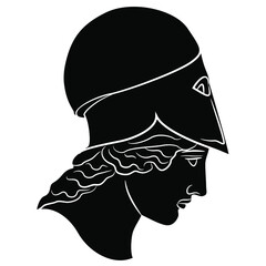 Sticker - Head of ancient Greek goddess Athena Pallas or Minerva wearing helmet. Black and white negative silhouette.