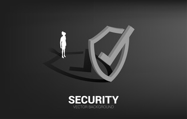Poster - businesswoman standing with 3D Protection shield icon. concept of guard security and safety