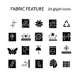Fabric feature glyph icons set. Stretch textile. Moisture resistant, rain cover. Fiber quality