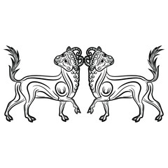 Symmetrical animal design or frame with two stylized bulls or calves. Taurus Zodiac sign. Medieval illuminated manuscript art. Black and white silhouette.