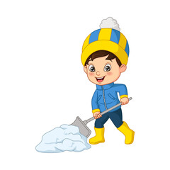 Wall Mural - Cartoon little boy cleaning snow