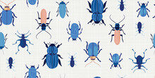 A Fun And Unique Seamless Vector Pattern Featuring Illustrations Of Blue Beetles And Bugs. Additional Fractal Pattern Included To Compliment Designs.